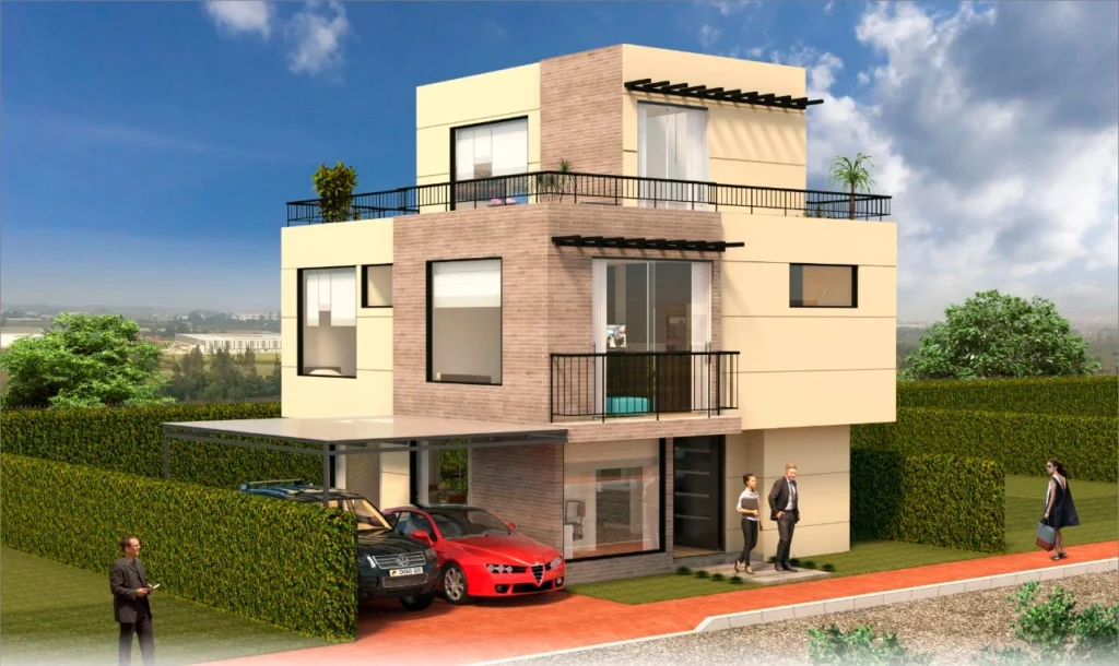 Fachada principal de vivienda en Los Cedros, Chía — referencia de proyecto vendido