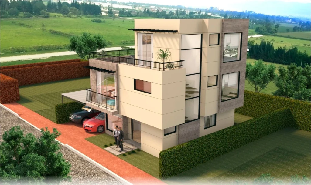 Fachada lateral de casa en Los Cedros, condominio campestre en Chía, proyecto vendido