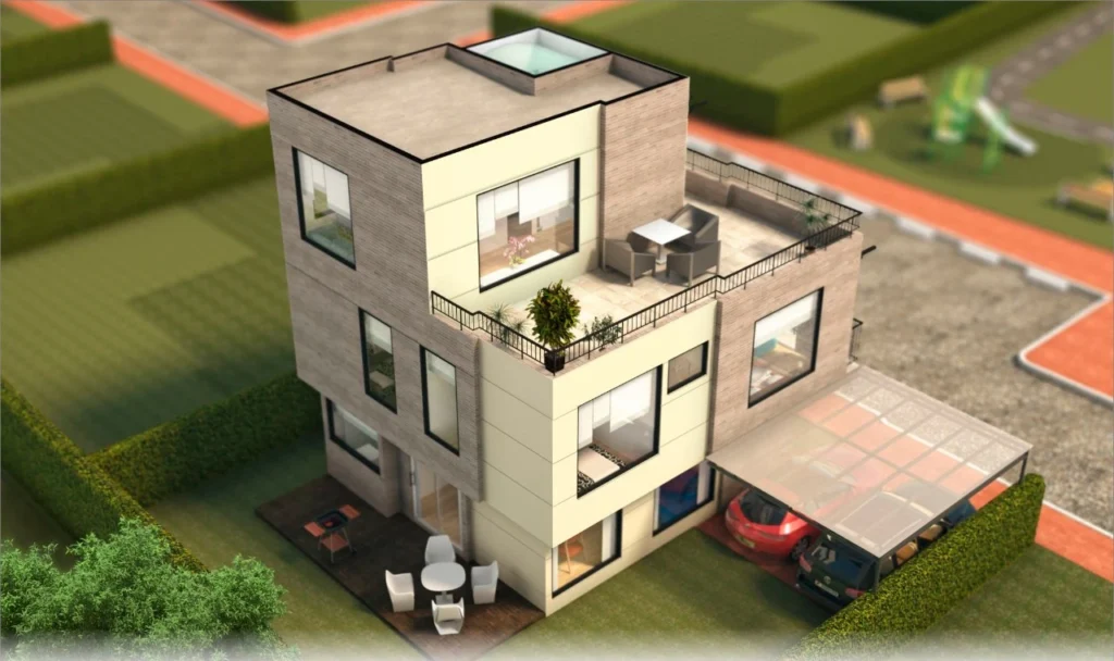 Vista superior con terraza y roof garden del proyecto Los Cedros en Chía