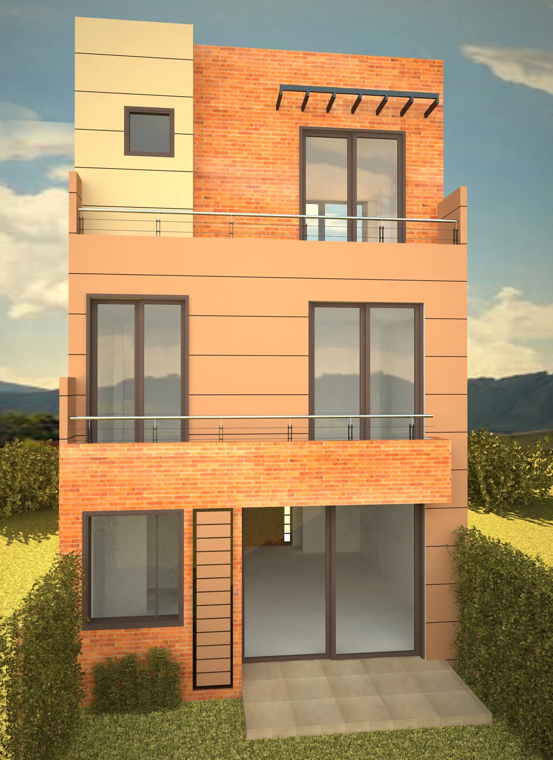 Render de la fachada posterior de la casa tipo en Parcelas de Tanurín, ventanales y balcones.