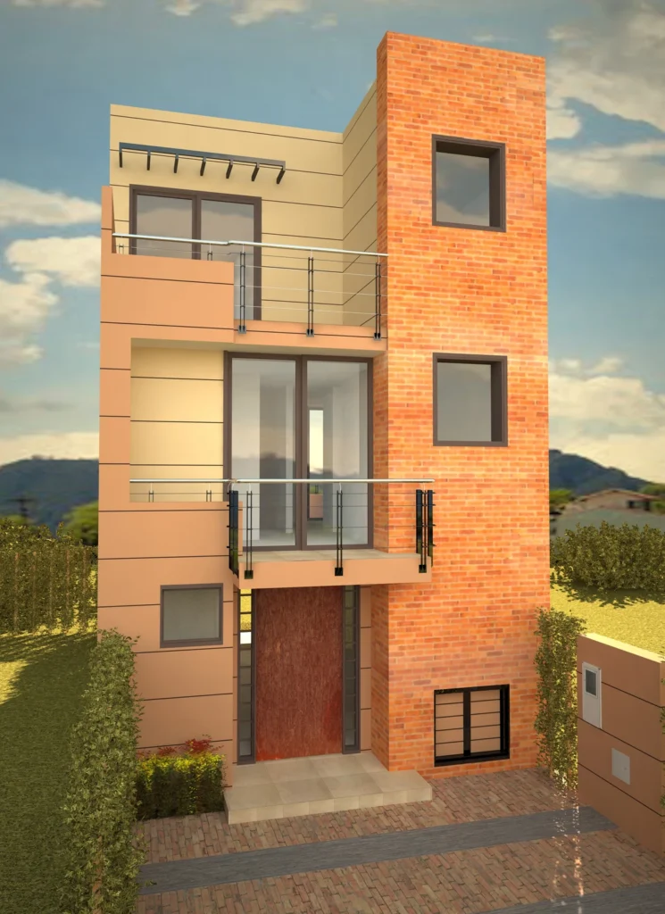 Render de la fachada principal con torre en ladrillo de la casa tipo en Parcelas de Tanurín, Cajicá.
