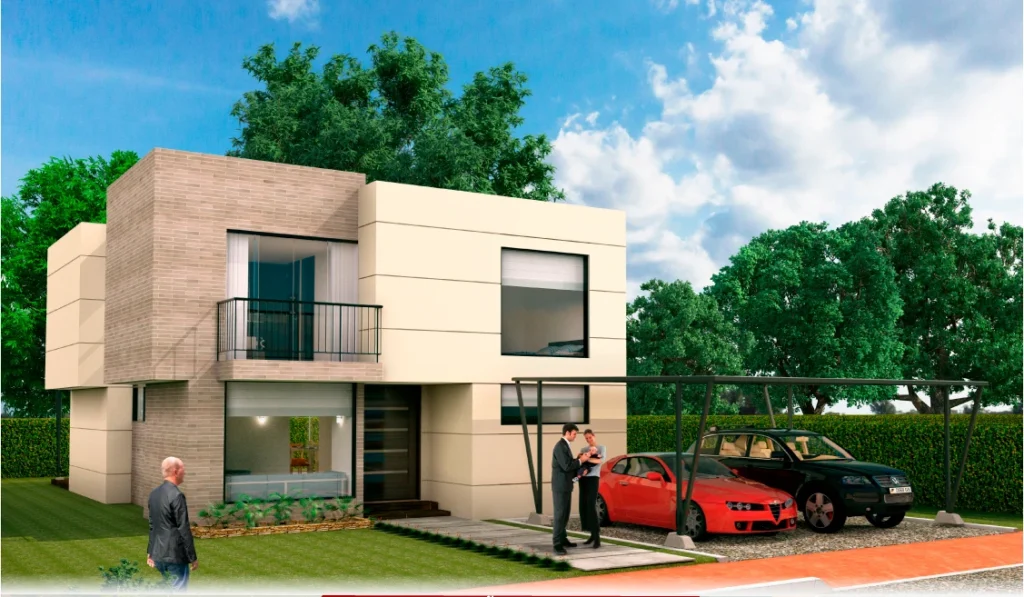 Fachada frontal casa tipo 1 en Reserva de Fagua, Chía