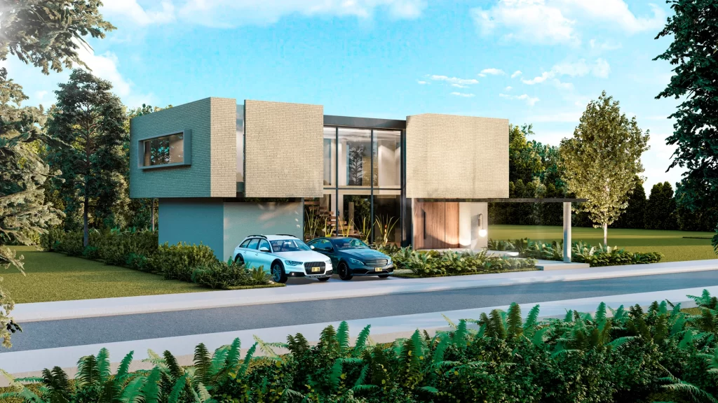Diseño sugerido de casa moderna, fachada frontal con ventanales de doble altura y dos parqueaderos.